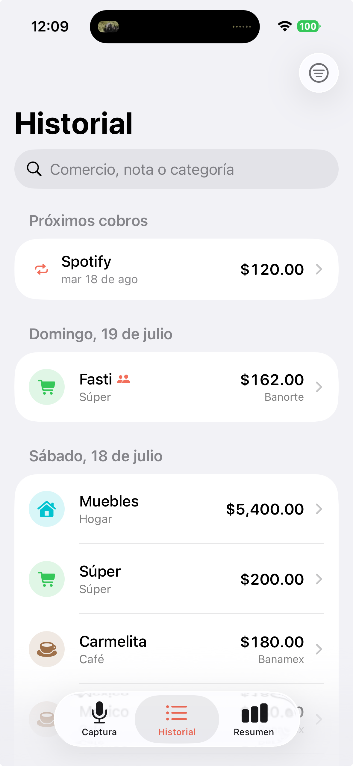Historial de gastos en Sonanta
